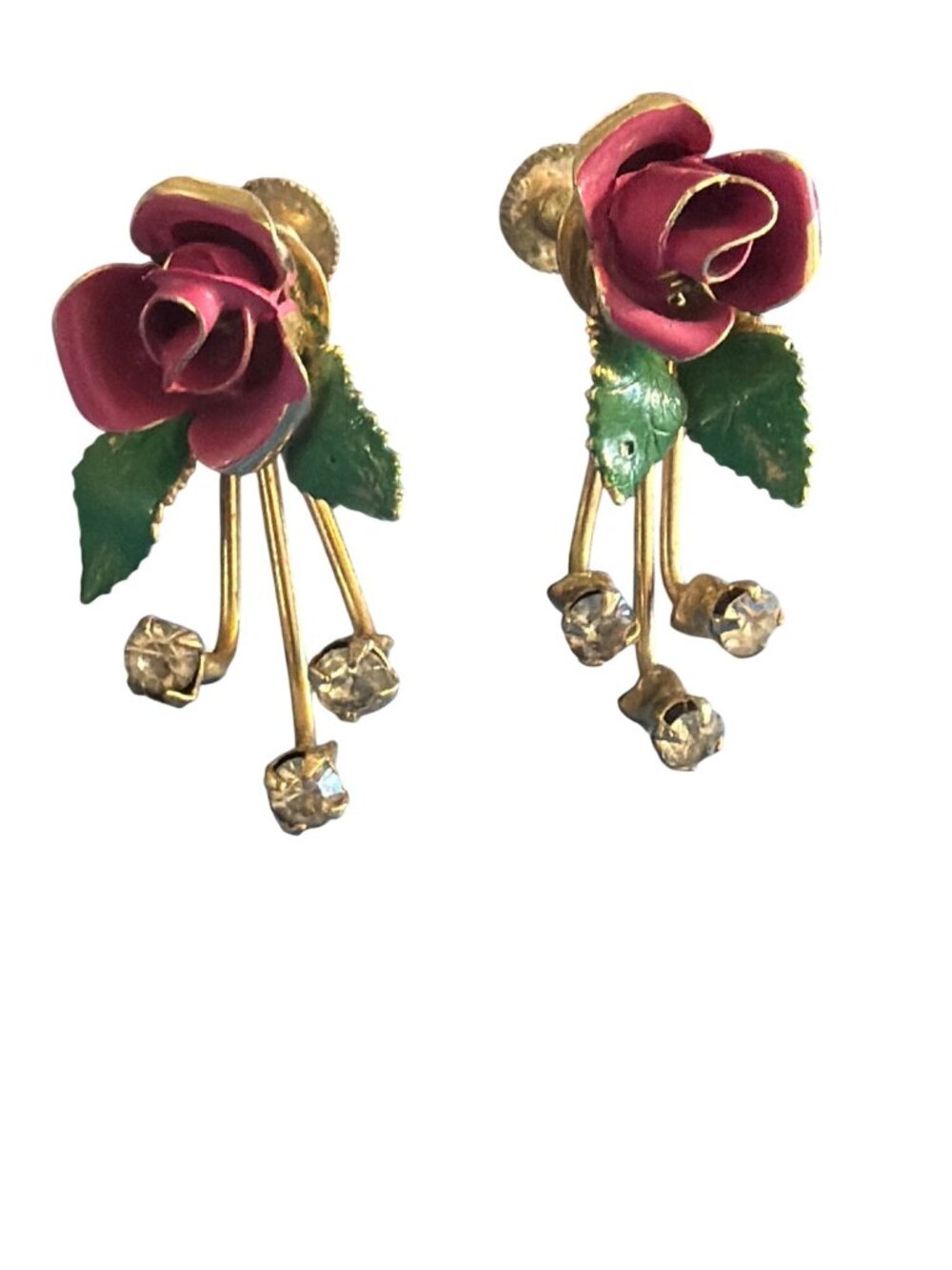 Vintage Enamel Rose Screw Back Earrings Rhinestones Gold Tone Estate 1"